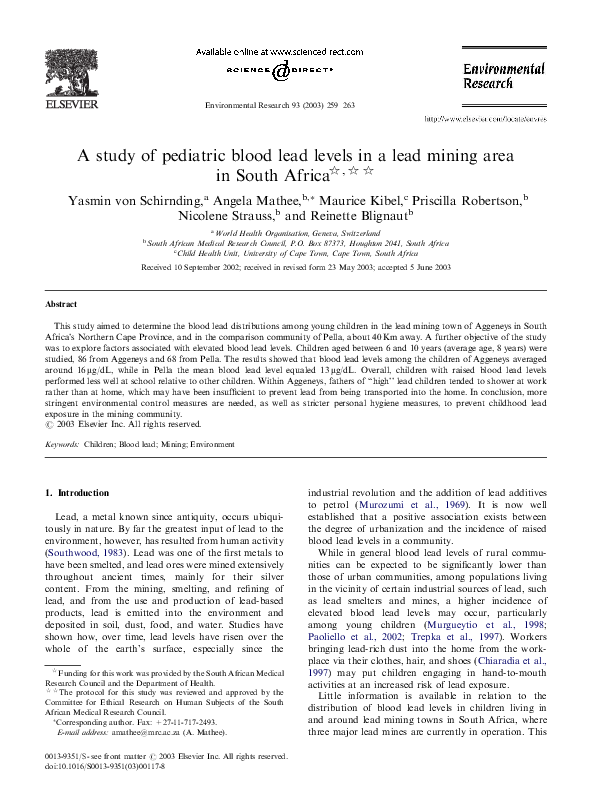 (PDF) A study of pediatric blood lead levels in a lead mining area in ...