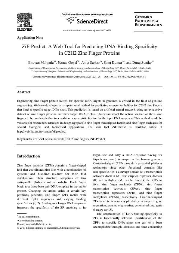 (PDF) ZiFPredict A  Tool for Predicting DNABinding Specificity in