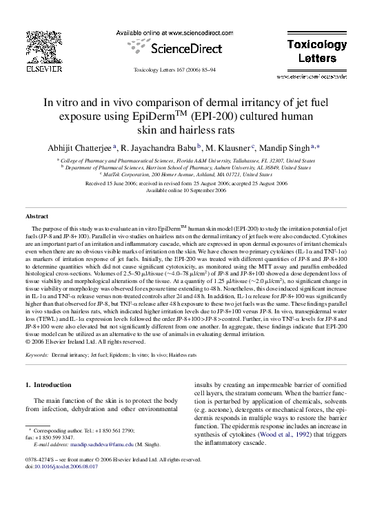 (PDF) In vitro and in vivo comparison of dermal irritancy of jet fuel