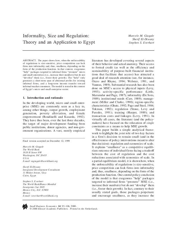 (PDF) Informality, Size and Regulation: Theory and an Application to Egypt