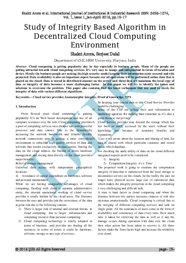 (PDF) Study of Integrity Based Algorithm in Decentralized Cloud ...