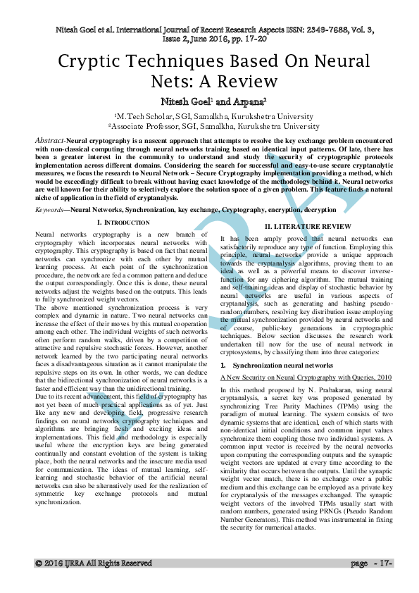 (PDF) Cryptic Techniques Based On Neural Nets: A Review