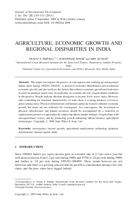 (PDF) Agriculture, economic growth and regional disparities in India