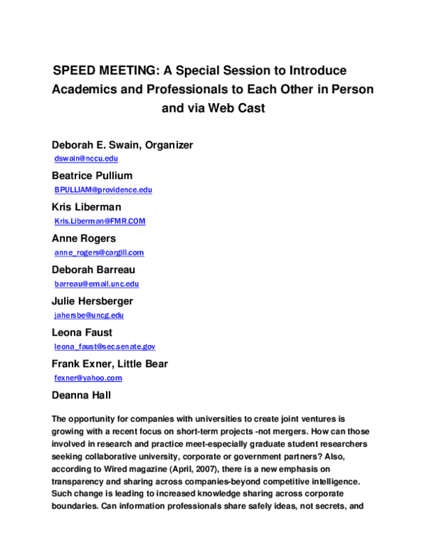 (PDF) Speed meeting: A special session to introduce academics and ...