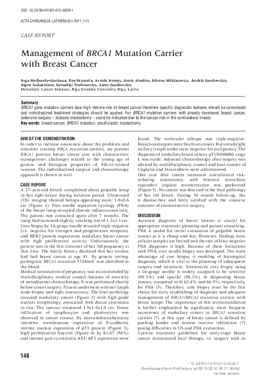 (PDF) Management of BRCA1 Mutation Carrier with Breast Cancer