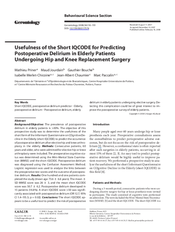 (PDF) Usefulness of the Short IQCODE for Predicting Postoperative ...