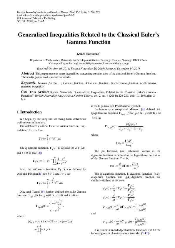 (PDF) Generalized Inequalities Related to the Classical Euler’s Gamma ...
