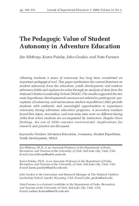 (PDF) The Pedagogic Value of Student Autonomy in Adventure Education