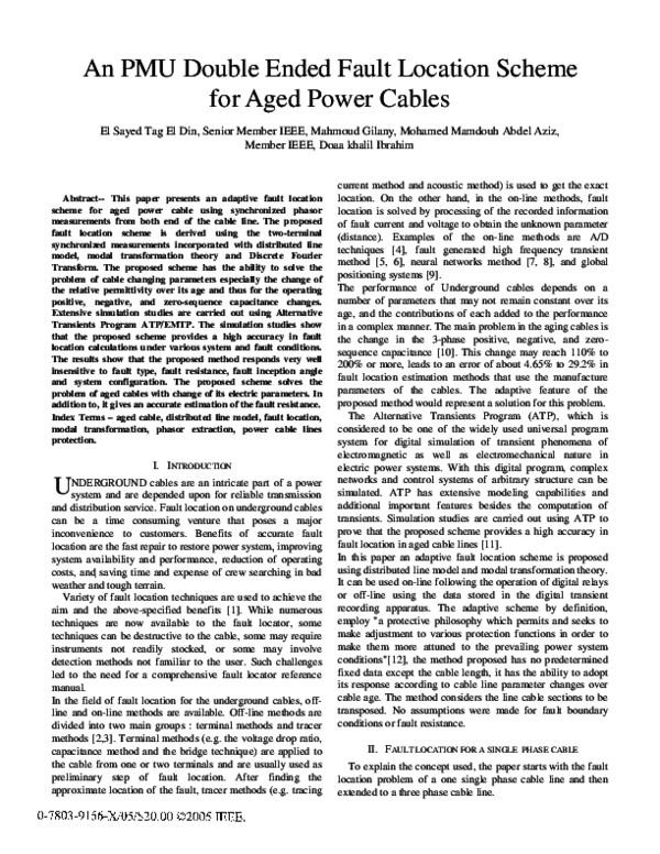 (PDF) An PMU double ended fault location scheme for aged power cables