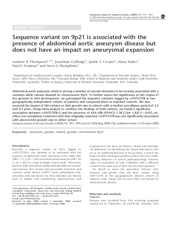 (PDF) Sequence variant on 9p21 is associated with the presence of ...