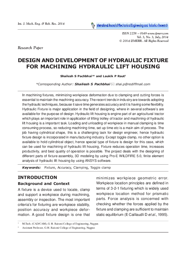 (PDF) DESIGN AND DEVELOPMENT OF HYDRAULIC FIXTURE FOR MACHINING