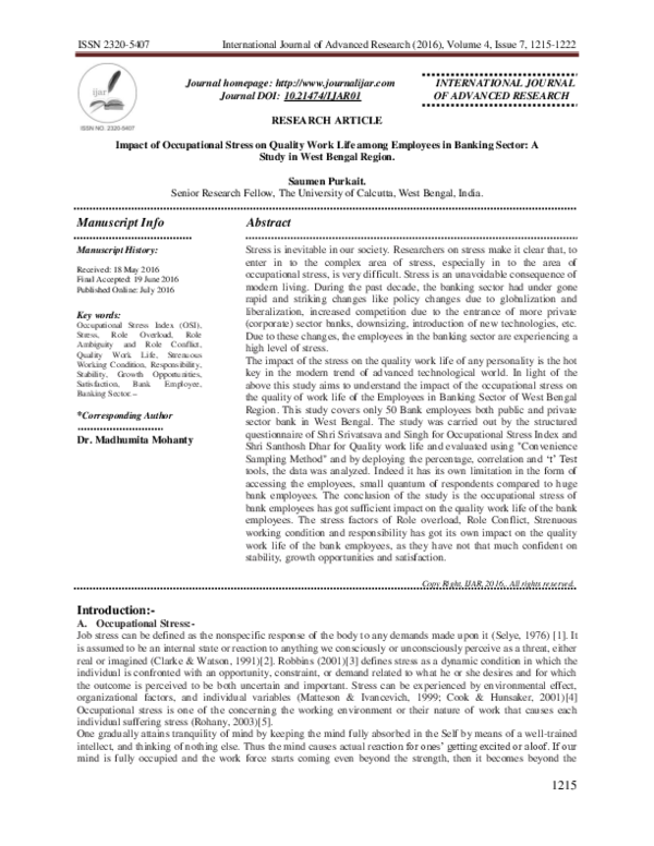 (PDF) Impact of Occupational Stress on Quality Work Life among ...
