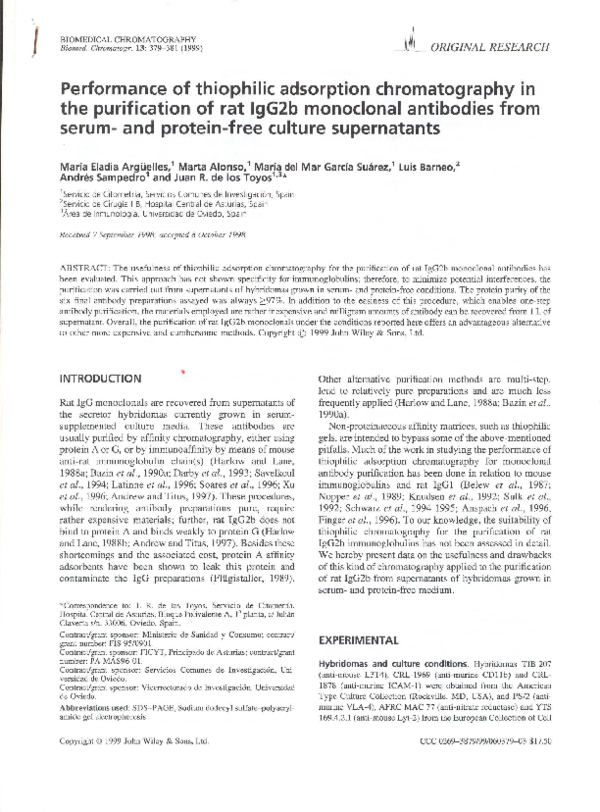 (PDF) Performance of thiophilic adsorption chromatography in the purification of rat IgG2b