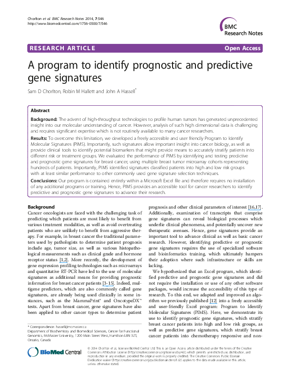 (PDF) A program to identify prognostic and predictive gene signatures