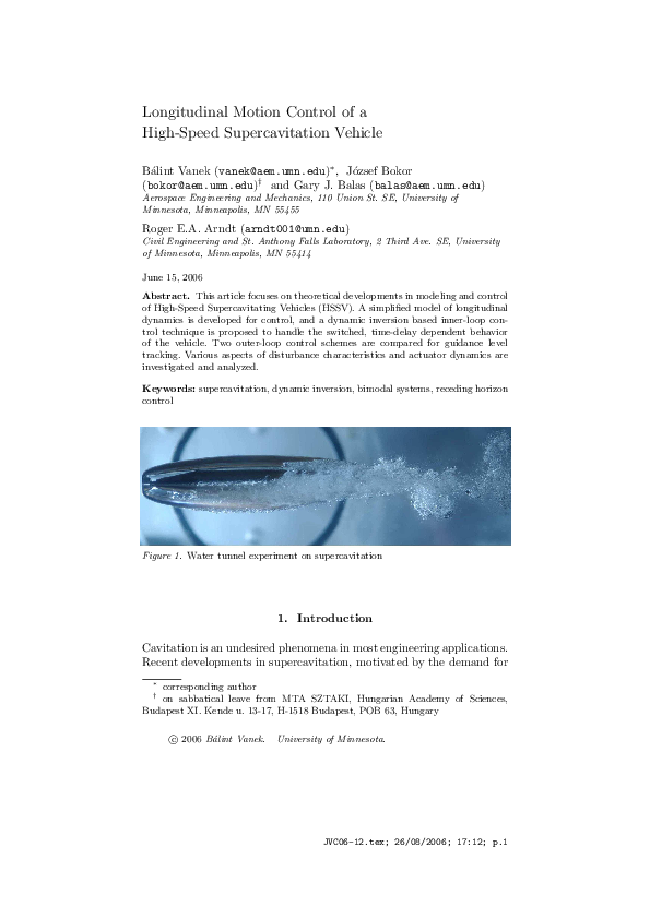 (PDF) Longitudinal Motion Control of a High-Speed Supercavitation Vehicle