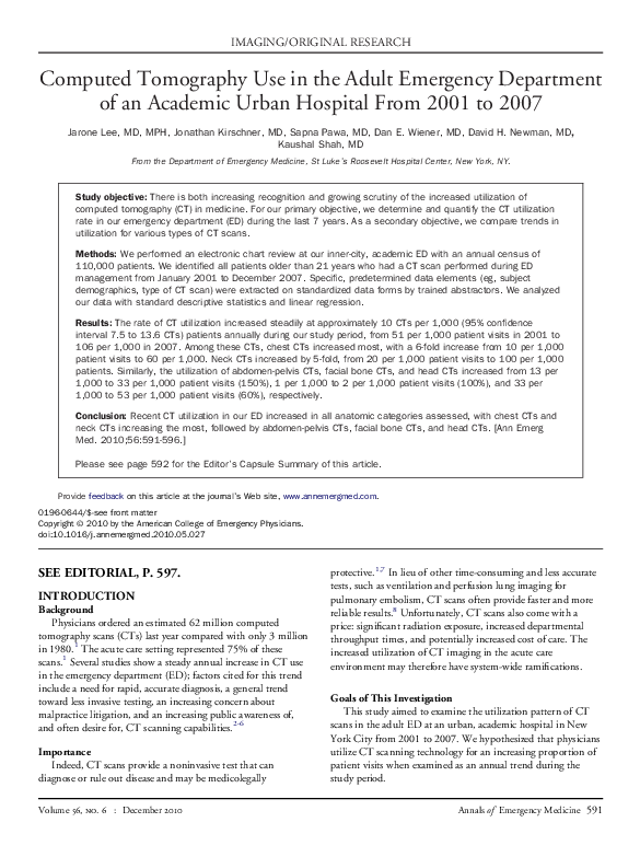 (PDF) Computed Tomography Use in the Adult Emergency Department of an ...