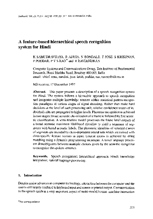 (PDF) A feature-based hierarchical speech recognition system for Hindi