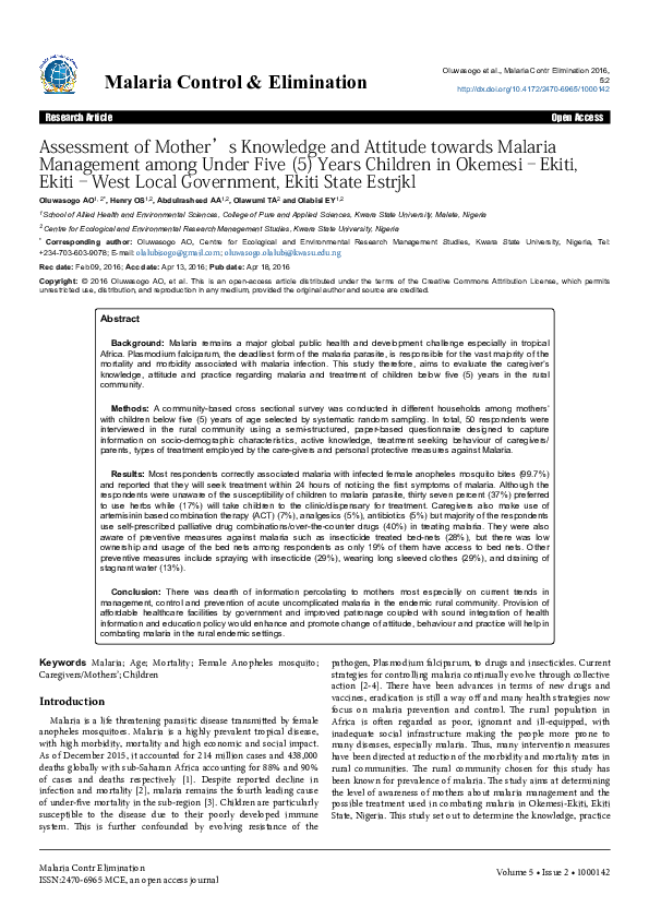 (PDF) Assessment of Mother's Knowledge and Attitude towards Malaria ...