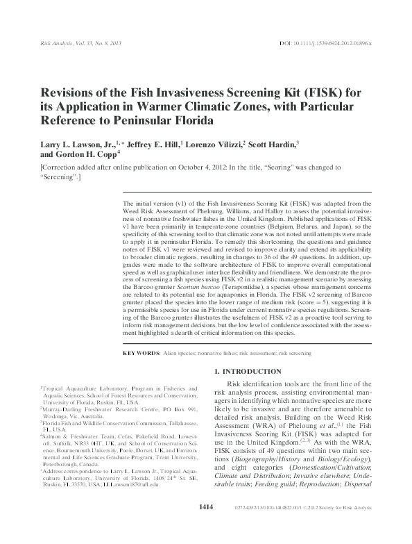 (PDF) Revisions of the Fish Invasiveness Screening Kit (FISK) for its ...