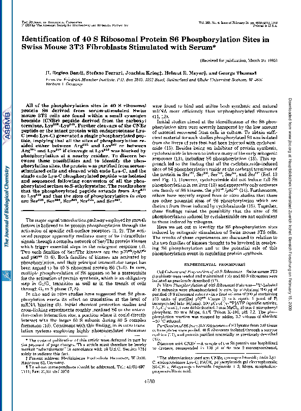 (PDF) Identification of 40 S Ribosomal Protein S6 Phosphorylation Sites ...