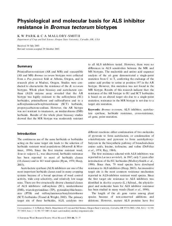 (PDF) Physiological and molecular basis for ALS inhibitor resistance in ...