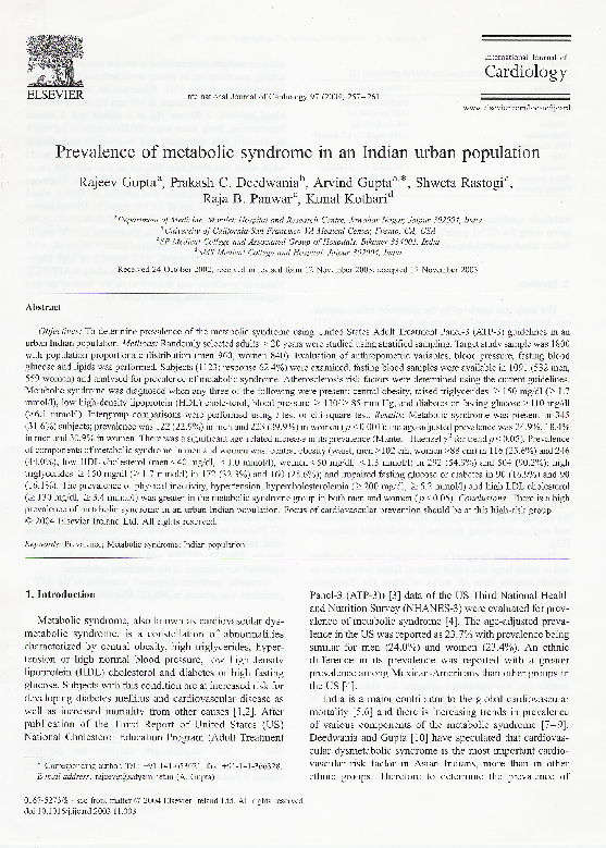 (PDF) Prevalence of metabolic syndrome in an Indian urban population