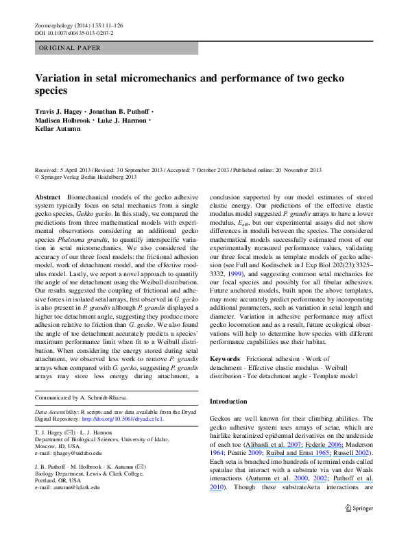 (PDF) Variation in setal micromechanics and performance of two gecko ...