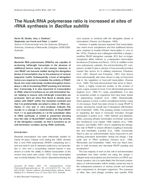 (PDF) The NusA:RNA polymerase ratio is increased at sites of rRNA ...