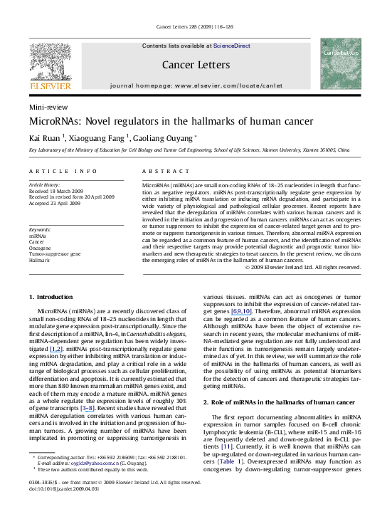 (PDF) MicroRNAs: Novel regulators in the hallmarks of human cancer