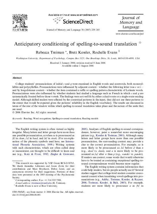 (PDF) Anticipatory conditioning of spellingtosound translation