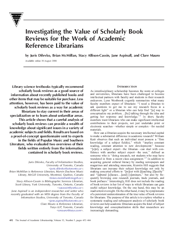  PDF Investigating The Value Of Scholarly Book Reviews For The Work Of 