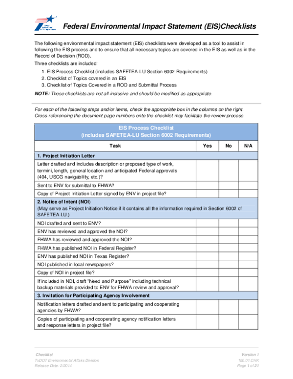 (PDF) Federal Environmental Impact Statement (EIS)Checklists EIS