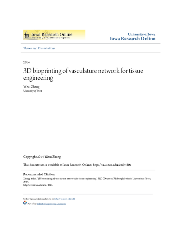 (PDF) 3D bioprinting of vasculature network for tissue engineering