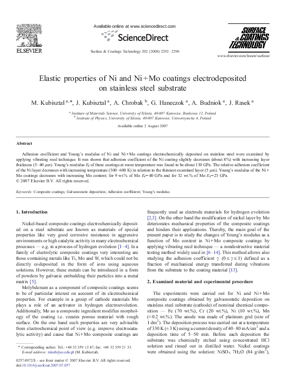(PDF) Elastic properties of Ni and Ni + Mo coatings electrodeposited on ...
