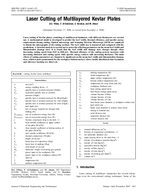(PDF) Laser Cutting of Multilayered Kevlar Plates alwar samy