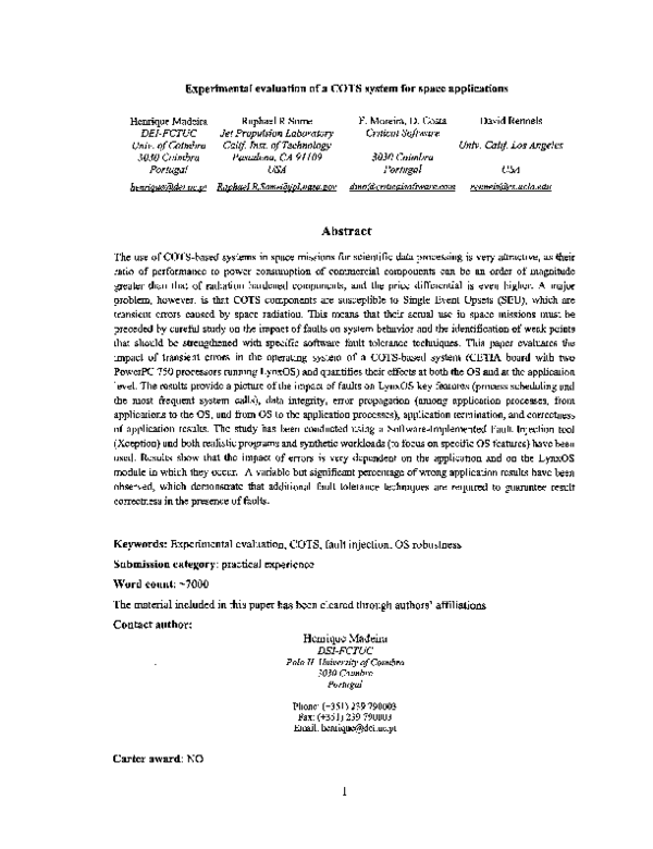 (PDF) Experimental evaluation of a COTS system for space applications
