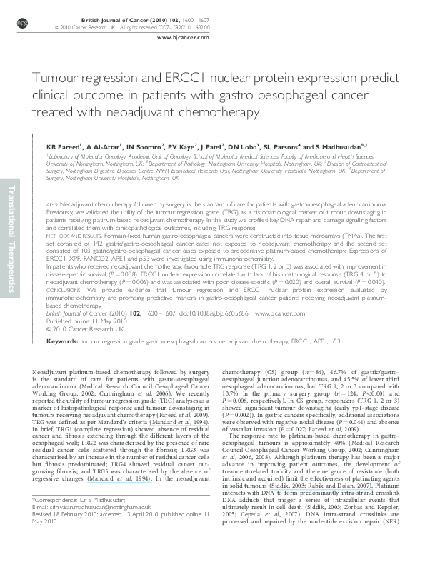 (PDF) Tumour regression and ERCC1 nuclear protein expression predict ...