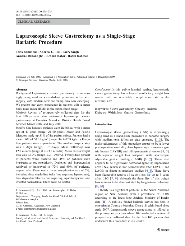 (PDF) Laparoscopic Sleeve Gastrectomy as a Single-Stage Bariatric Procedure