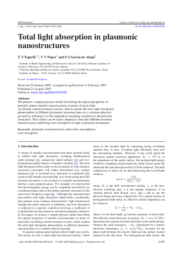 (PDF) Total light absorption in plasmonic nanostructures