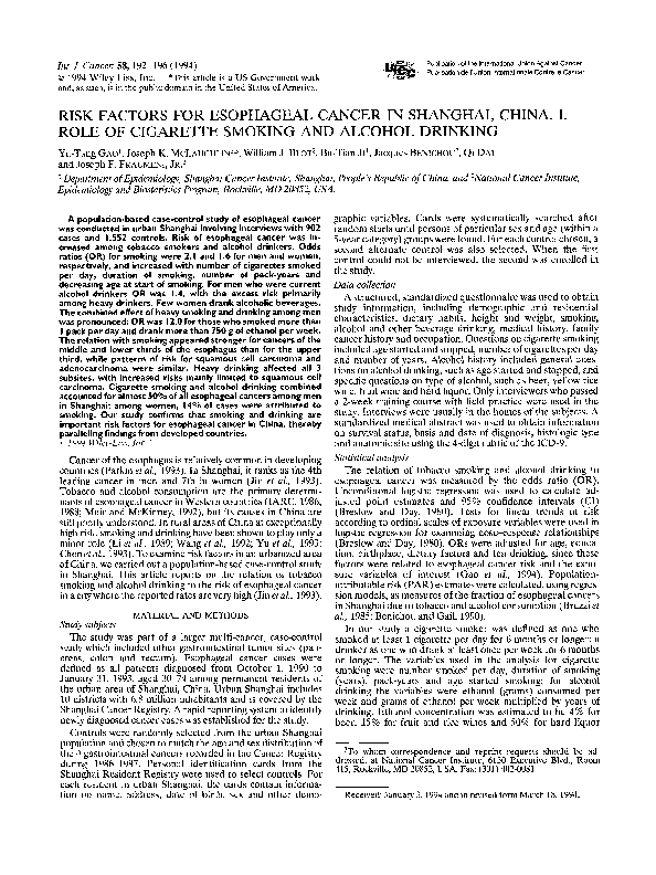 (PDF) Risk factors for esophageal cancer in Shanghai, China. I. Role of ...