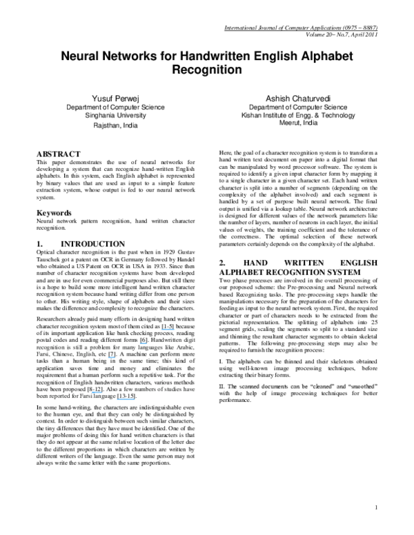 (PDF) Machine recognition of Hand written Characters using neural networks