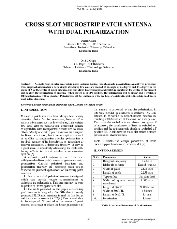 (PDF) CROSS SLOT MICROSTRIP PATCH ANTENNA WITH DUAL POLARIZATION