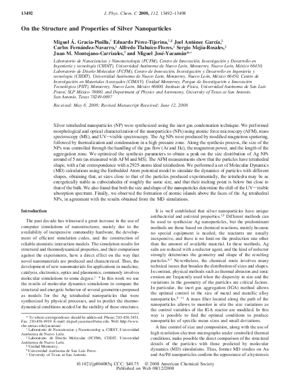 (PDF) On the Structure and Properties of Silver Nanoparticles Alfredo TlahuiceFlores