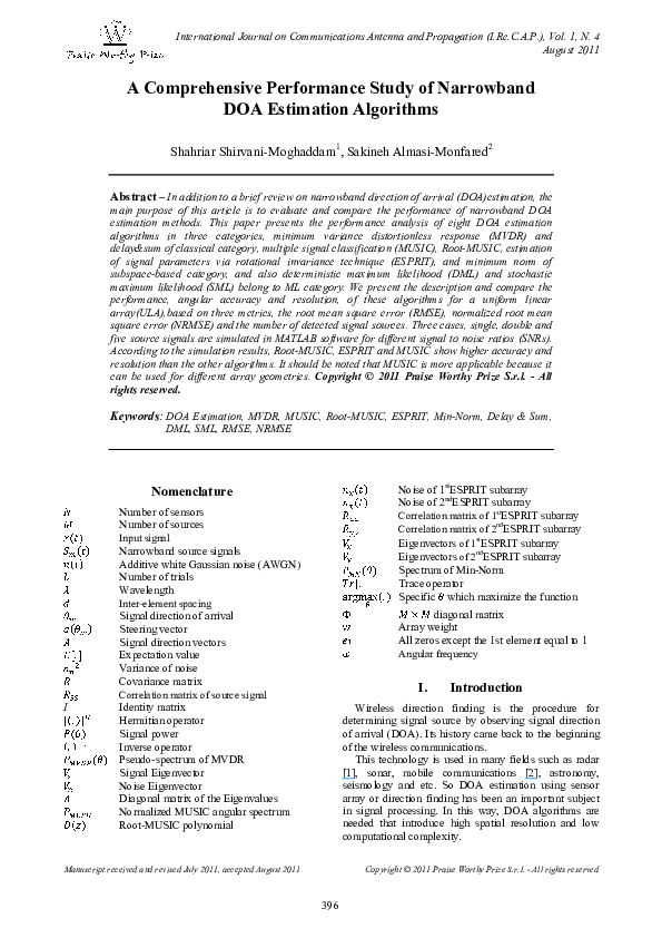 (PDF) A Comprehensive Performance Study of Narrowband DOA Estimation ...