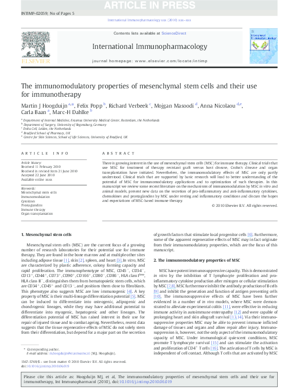 (PDF) The immunomodulatory properties of mesenchymal stem cells and ...