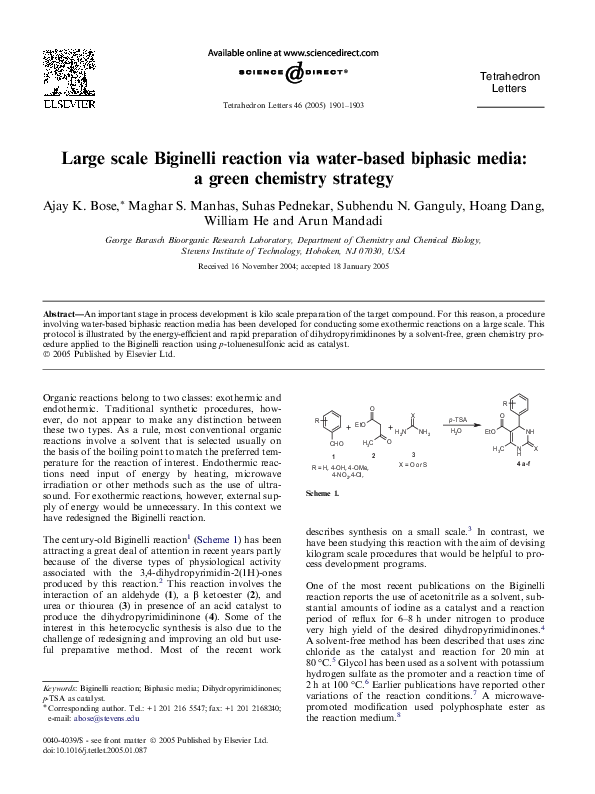(PDF) Large scale Biginelli reaction via water-based biphasic media: a ...