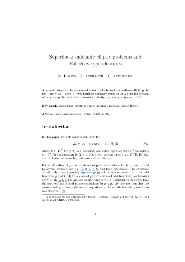 (PDF) Superlinear Indefinite Elliptic Problems and Pohoz′aev Type ...