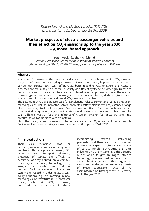 (PDF) Market Prospects of Electric Passenger Vehicles Peter Mock and