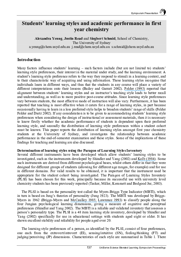 (PDF) STUDENTS' LEARNING STYLES AND ACADEMIC PERFORMANCE