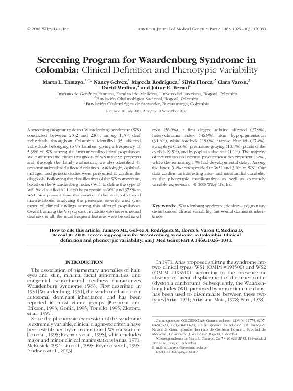 Pdf Screening Program For Waardenburg Syndrome In Colombia
